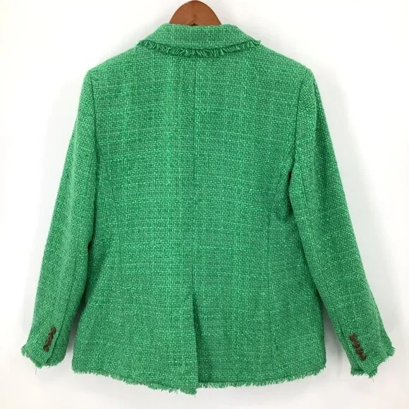 Ann Taylor Women's Green Tweed Blazer Size 14 Single-Breasted Fringe Trim - Picture 4 of 5